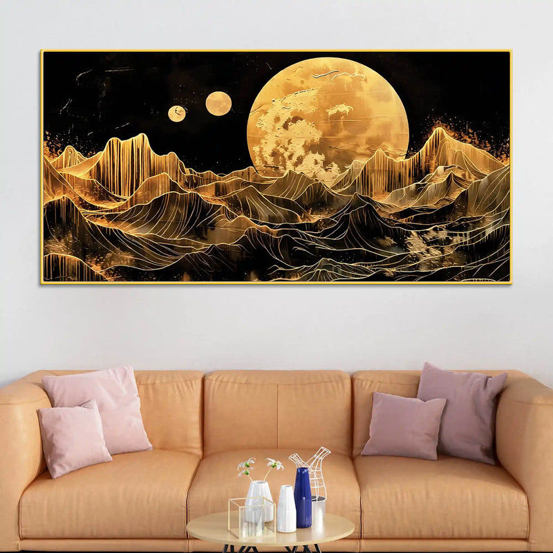 Elegant Golden Moon Abstract Canvas Wall Painting for Home Decoration