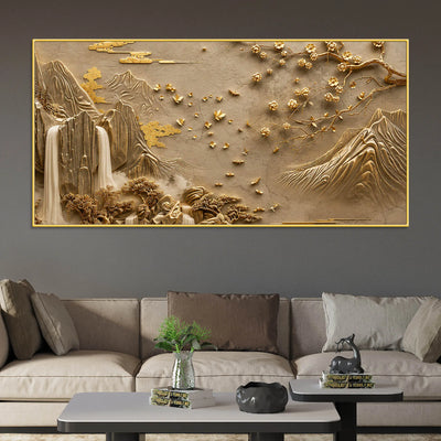 Elegant Golden Mountain Waterfall and Blossom Tree 3D Canvas Wall Painting