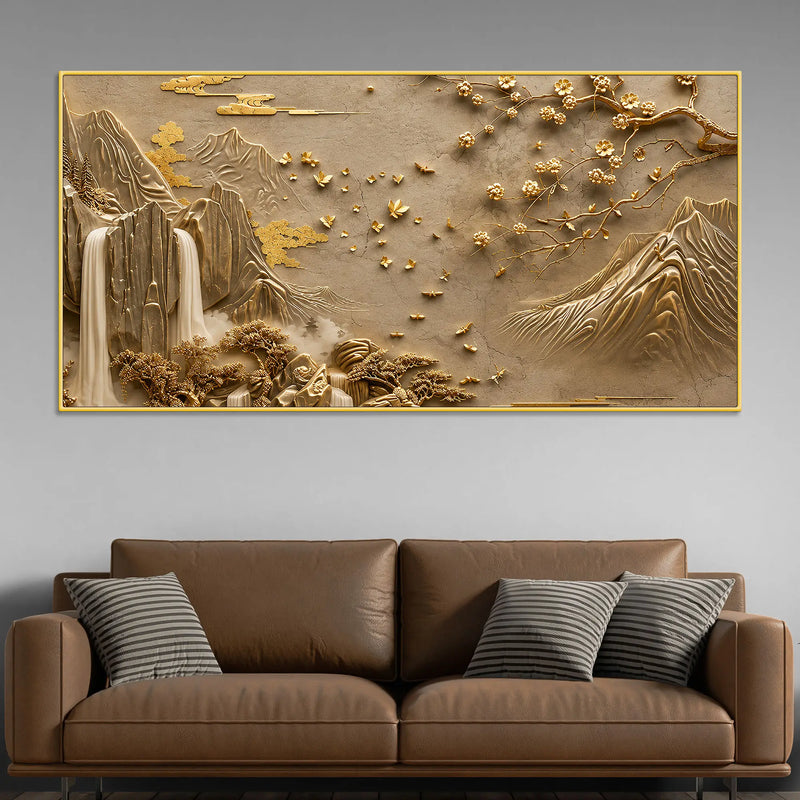 Elegant Golden Mountain Waterfall and Blossom Tree 3D Canvas Wall Painting