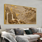 Elegant Golden Mountain Waterfall and Blossom Tree 3D Canvas Wall Painting