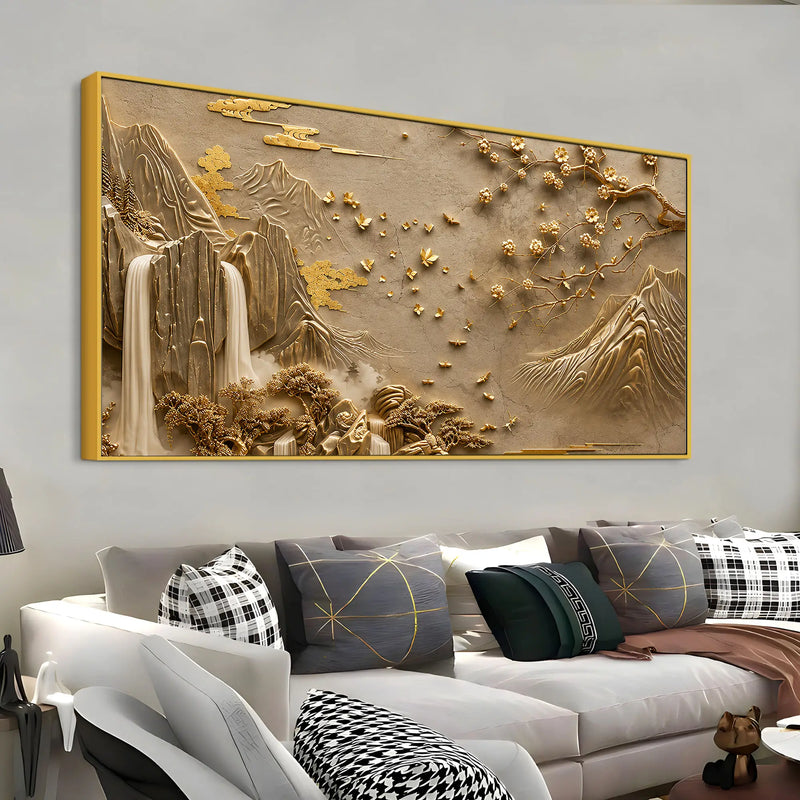 Elegant Golden Mountain Waterfall and Blossom Tree 3D Canvas Wall Painting