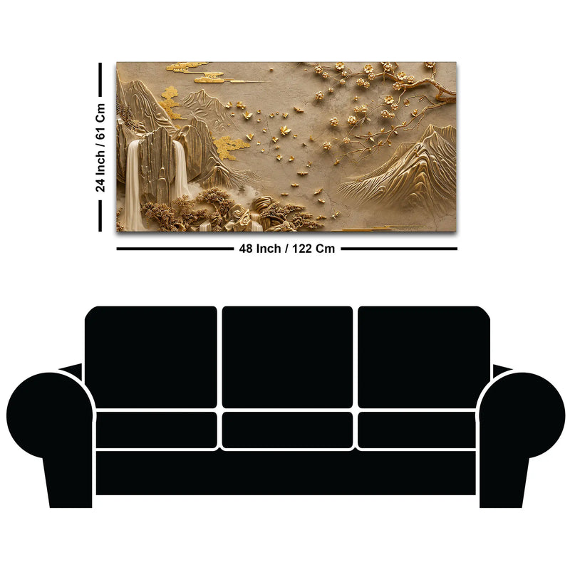 Elegant Golden Mountain Waterfall and Blossom Tree 3D Canvas Wall Painting
