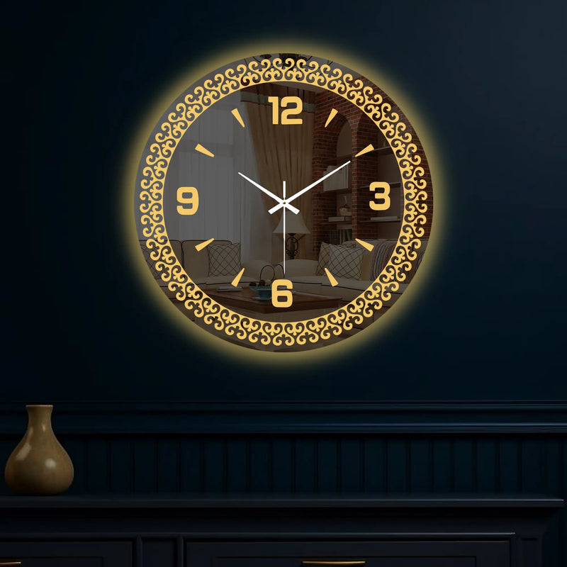Elegant Golden Pattern LED Mirror Wall Clock with Modern Dial