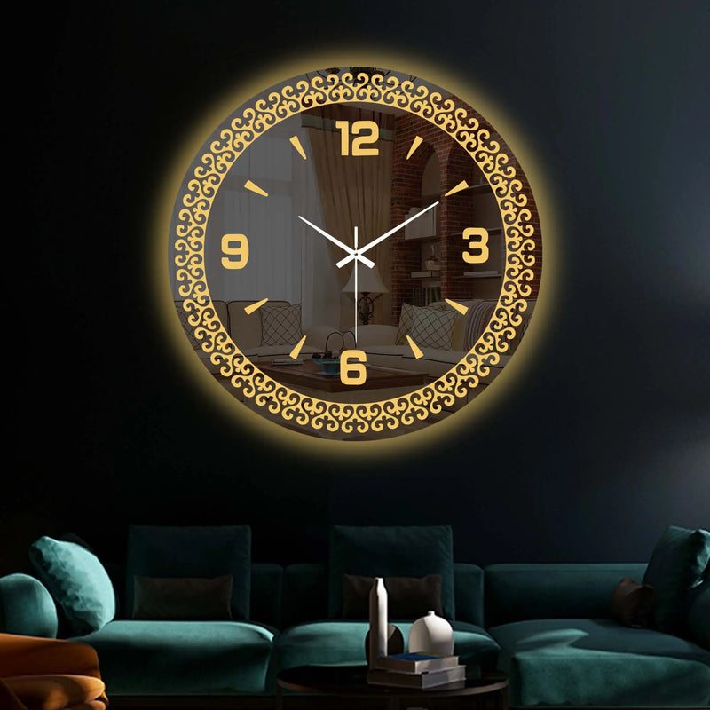 Elegant Golden Pattern LED Mirror Wall Clock with Modern Dial
