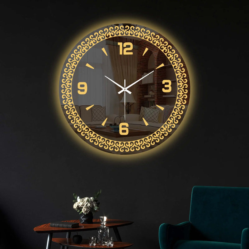 Elegant Golden Pattern LED Mirror Wall Clock with Modern Dial