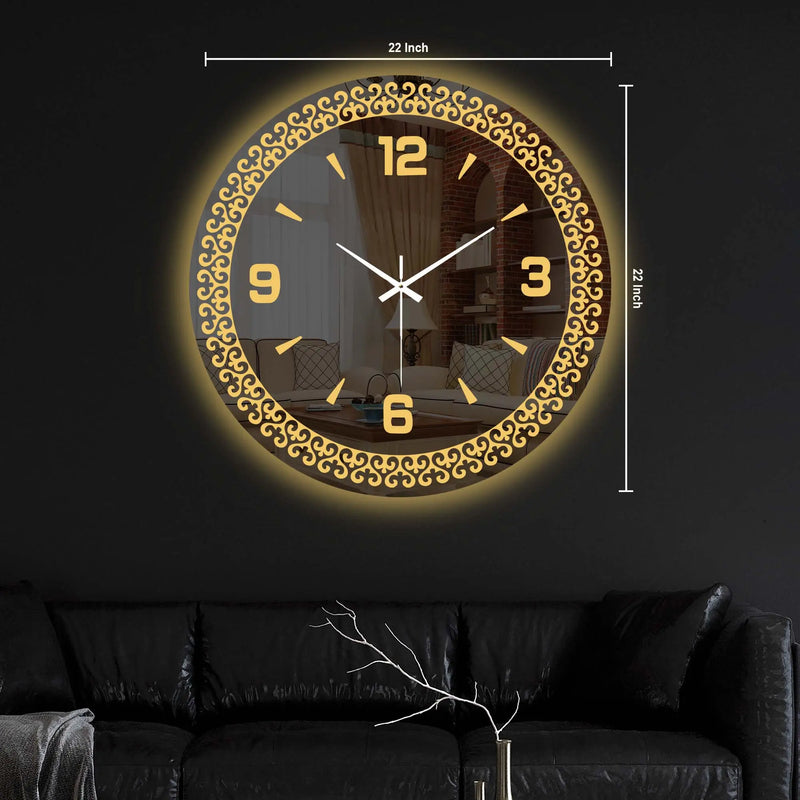 Elegant Golden Pattern LED Mirror Wall Clock with Modern Dial