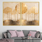 Elegant Golden Woodland Acrylic Floating Wall Painting Set of 2