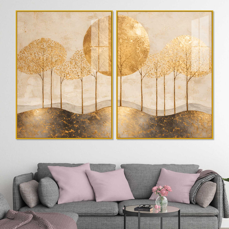 Elegant Golden Woodland Acrylic Floating Wall Painting Set of 2