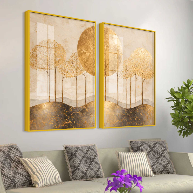 Elegant Golden Woodland Acrylic Floating Wall Painting Set of 2