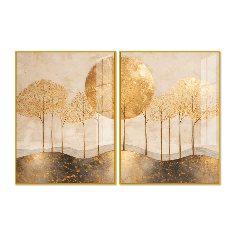 Elegant Golden Woodland Acrylic Floating Wall Painting Set of 2