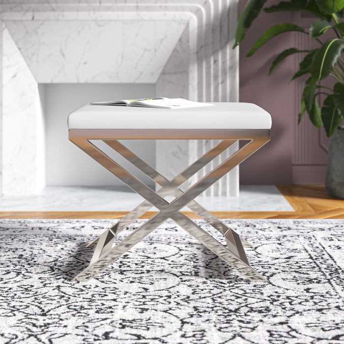 Elegant Grey Metal Finish Stool Featuring White Upholstered Seat