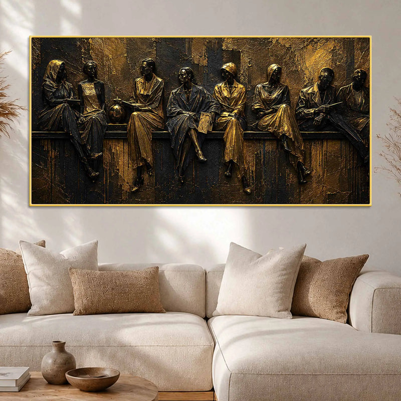 Elegant Human Figures in Timeless Conversations Metallic Look 3D Canvas Wall Painting