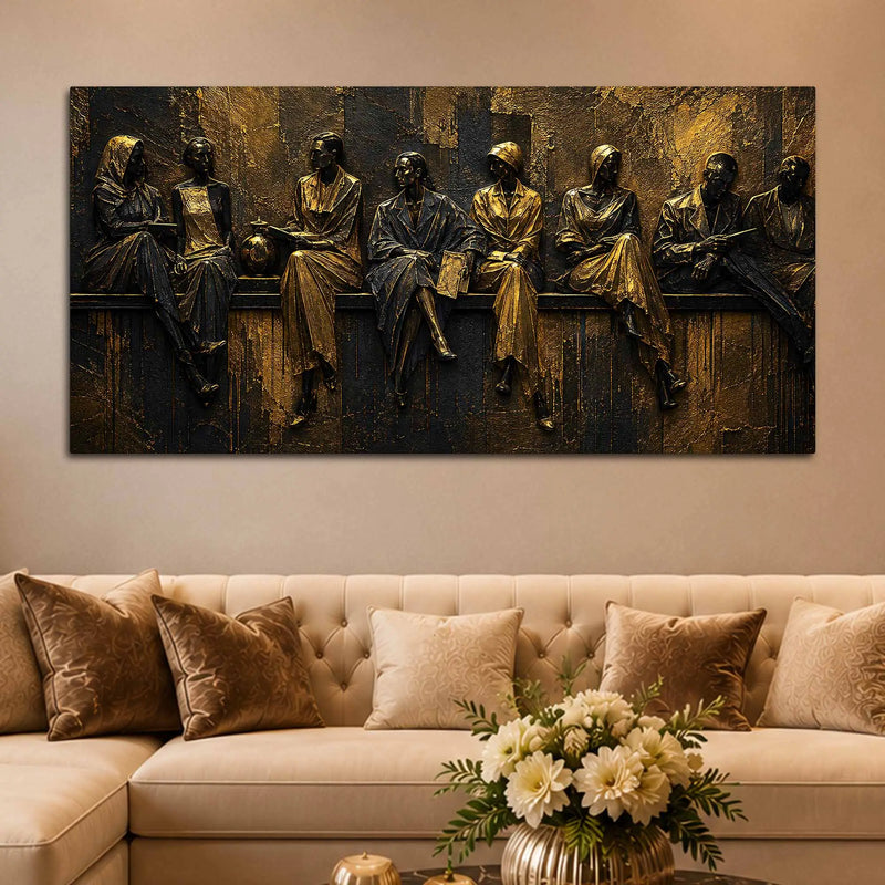 Elegant Human Figures in Timeless Conversations Metallic Look 3D Canvas Wall Painting