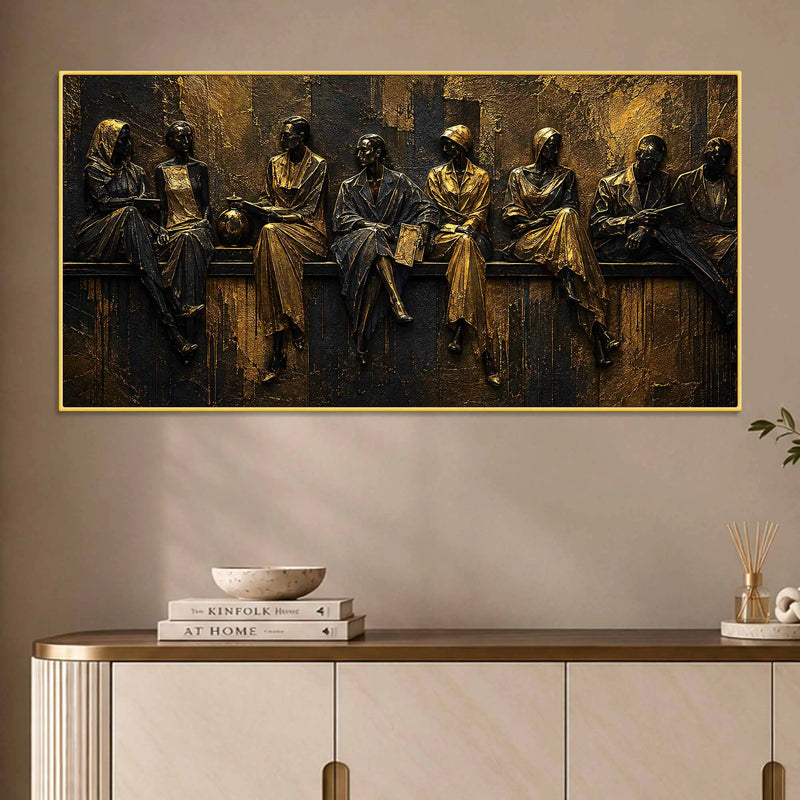 Elegant Human Figures in Timeless Conversations Metallic Look 3D Canvas Wall Painting