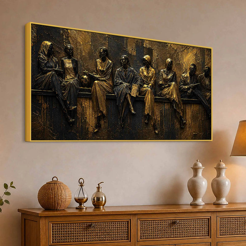 Elegant Human Figures in Timeless Conversations Metallic Look 3D Canvas Wall Painting