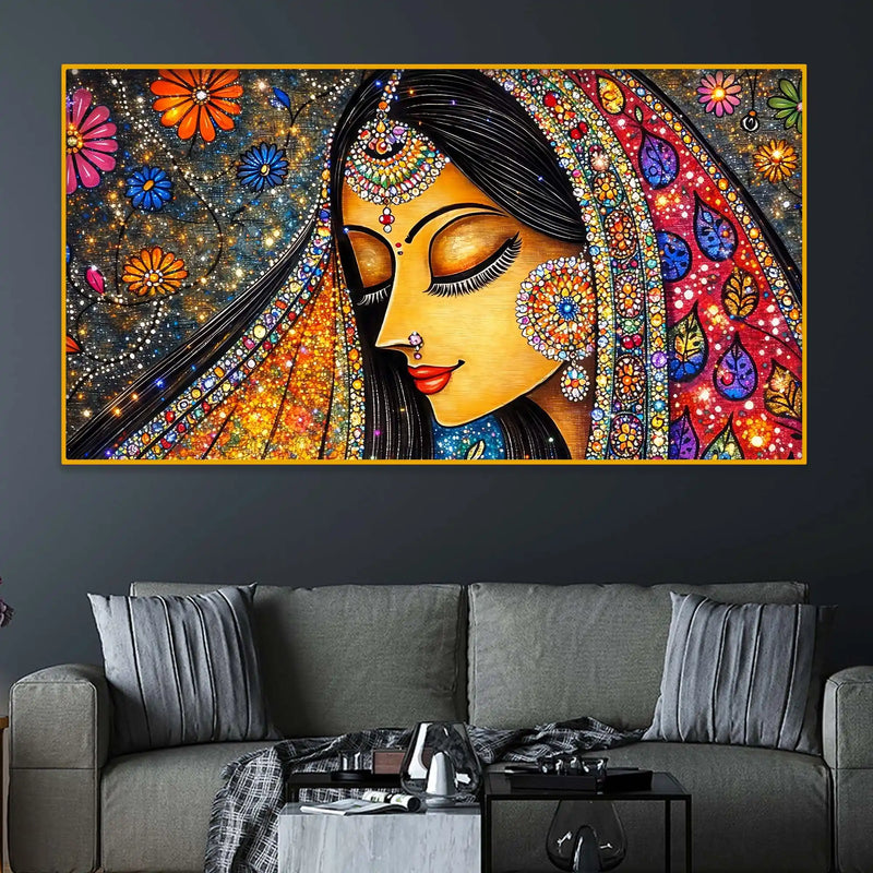 Elegant Indian Woman Crystal Glass Wall Painting for Living Room Décor