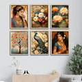 Elegant Indian Woman & Floral Art Wall Frame Set of Six