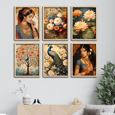 Elegant Indian Woman & Floral Art Wall Frame Set of Six