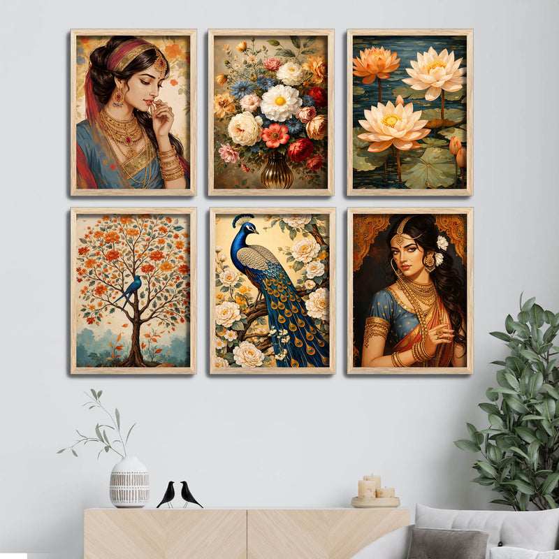 Elegant Indian Woman & Floral Art Wall Frame Set of Six