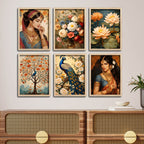 Elegant Indian Woman & Floral Art Wall Frame Set of Six