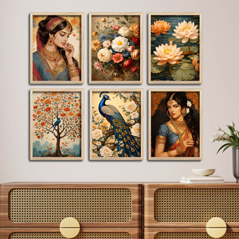 Elegant Indian Woman & Floral Art Wall Frame Set of Six