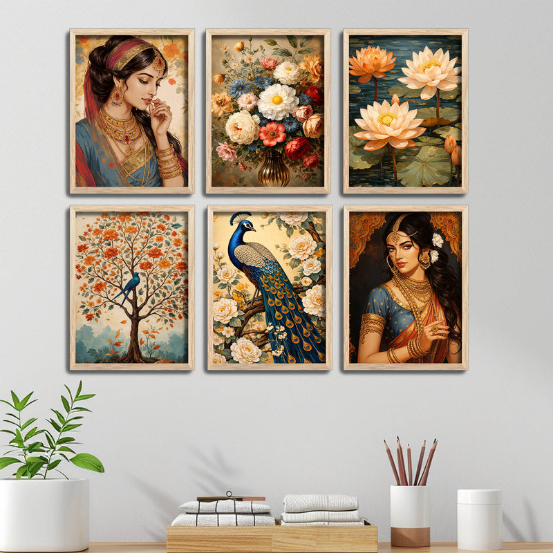 Elegant Indian Woman & Floral Art Wall Frame Set of Six