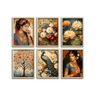 Elegant Indian Woman & Floral Art Wall Frame Set of Six