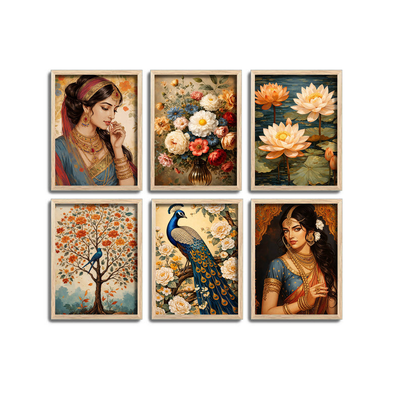 Elegant Indian Woman & Floral Art Wall Frame Set of Six