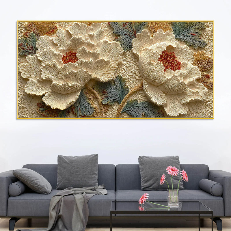 Elegant Ivory Peony Blossom 3D Canvas Wall Painting