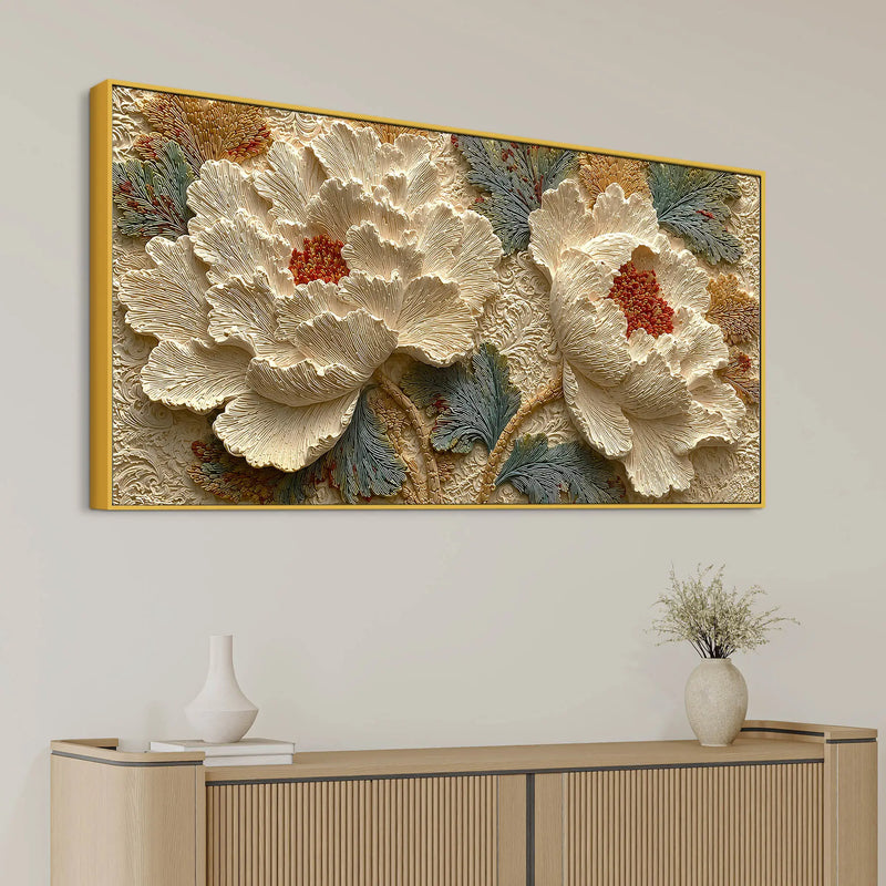 Elegant Ivory Peony Blossom 3D Canvas Wall Painting