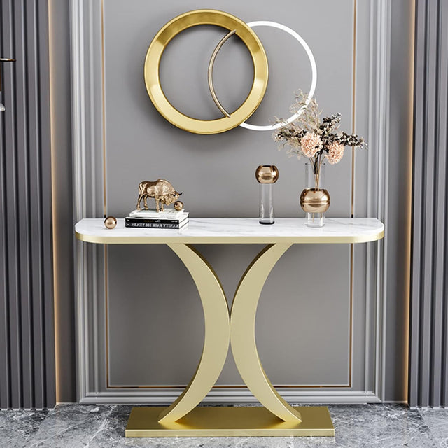 Elegant Marble Console Table with Curved Gold Metal Base