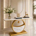 Elegant Marble Console Table with Gold Circular Base and Hanging Ball