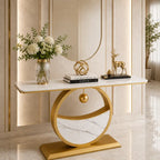Elegant Marble Console Table with Gold Circular Base and Hanging Ball