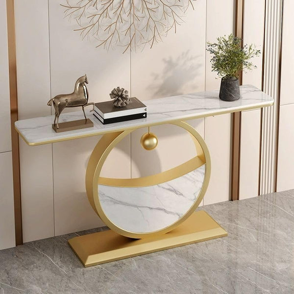 Elegant Marble Console Table with Gold Circular Base and Hanging Ball