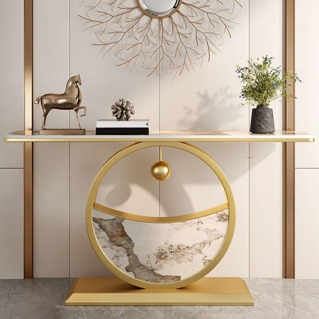 Elegant Marble Console Table with Gold Circular Base and Hanging Ball
