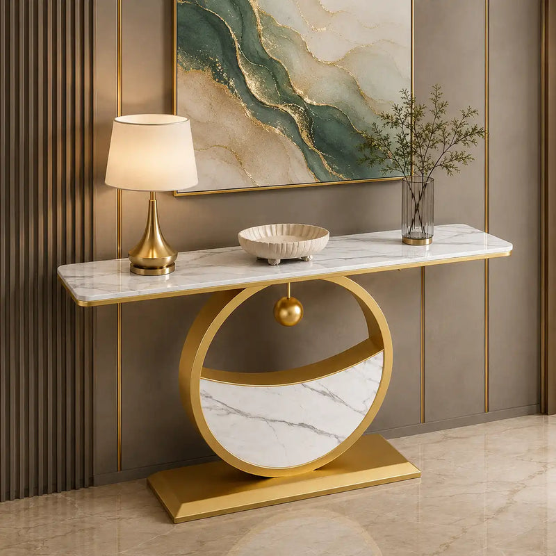 Elegant Marble Console Table with Gold Circular Base and Hanging Ball