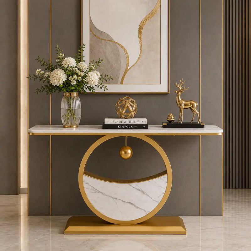Elegant Marble Console Table with Gold Circular Base and Hanging Ball