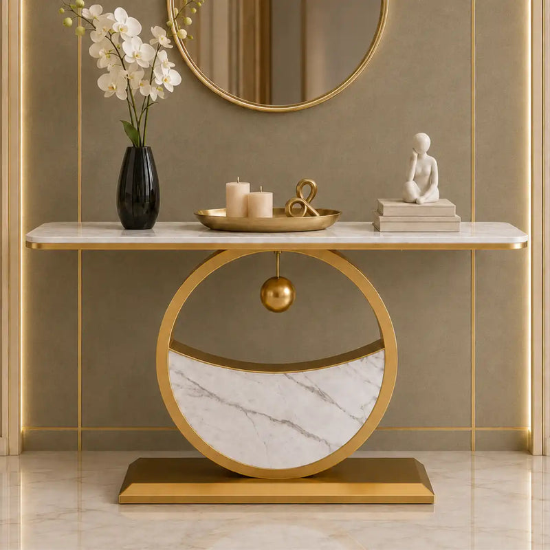 Elegant Marble Console Table with Gold Circular Base and Hanging Ball