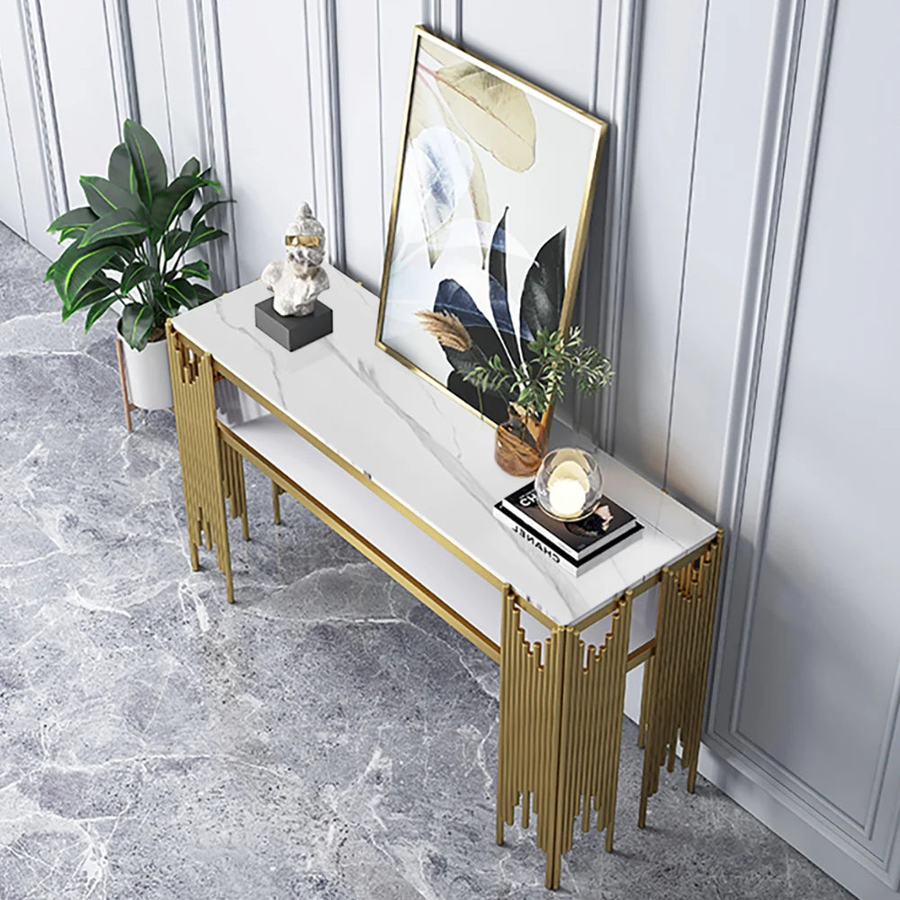 Elegant Marble Console Table with Metallic Gold Fringe Base