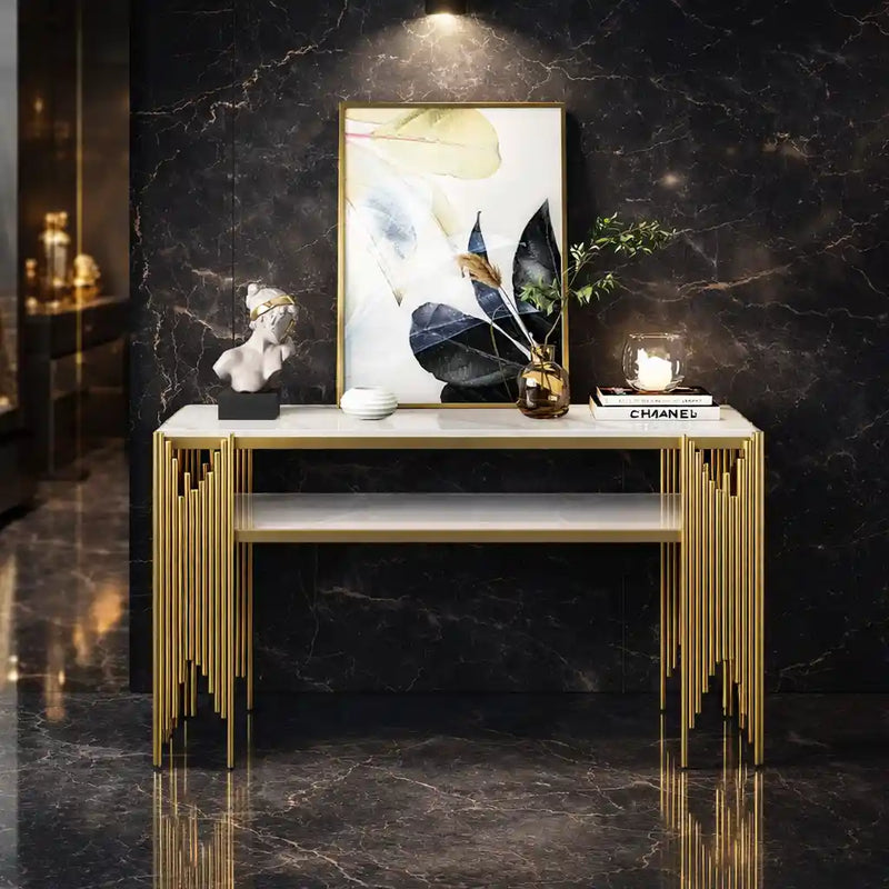 Elegant Marble Console Table with Metallic Gold Fringe Base