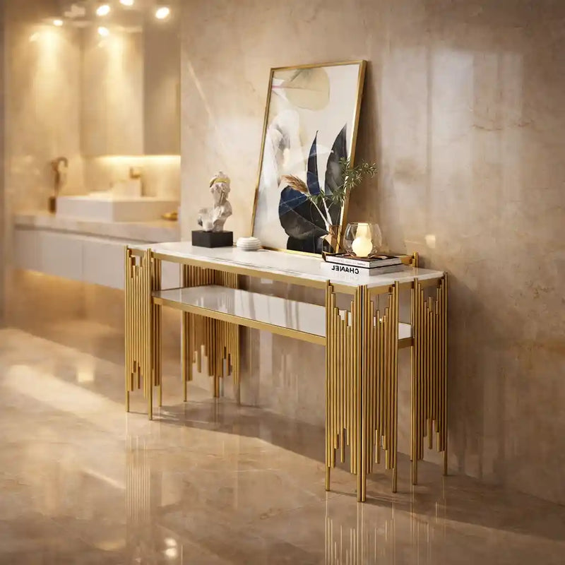 Elegant Marble Console Table with Metallic Gold Fringe Base