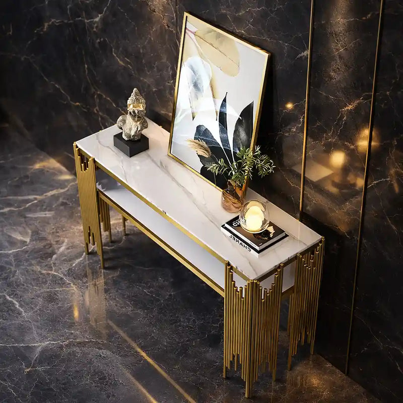 Elegant Marble Console Table with Metallic Gold Fringe Base