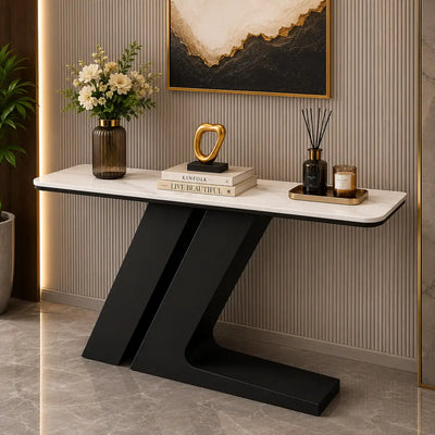 Elegant Marble Console Table with Unique Black Geometric Base