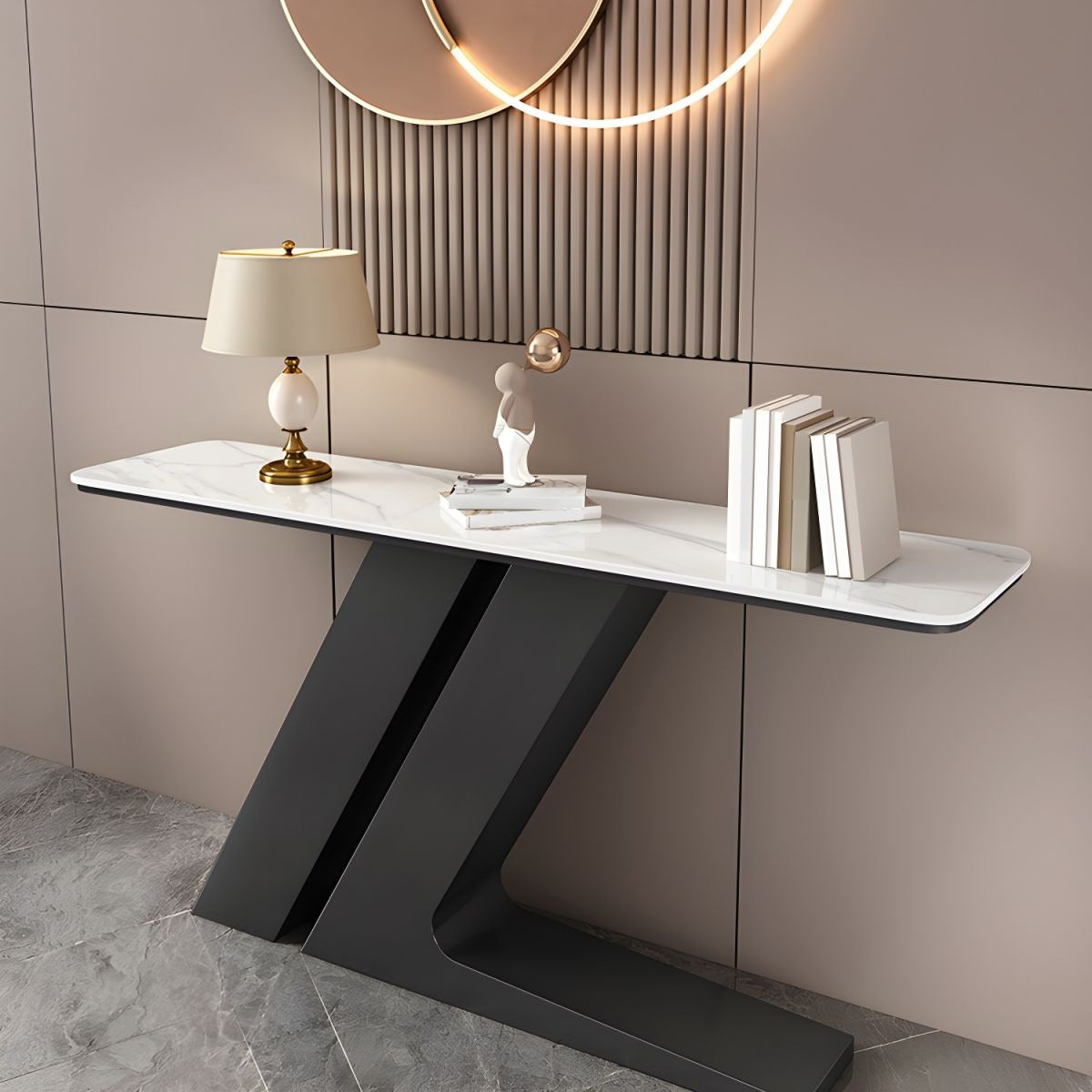 Elegant Marble Console Table with Unique Black Geometric Base