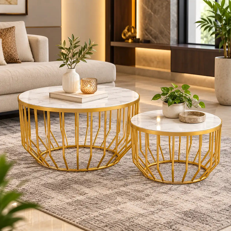 Elegant Marble Top Metal Coffee Table - Set of 2