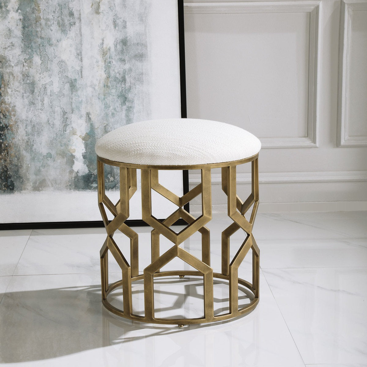 Elegant Metal Stool with Gold Finish and Plush White Seat