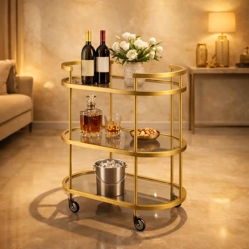 Elegant Modern Bar Cart Trolley with Golden Steel Frame