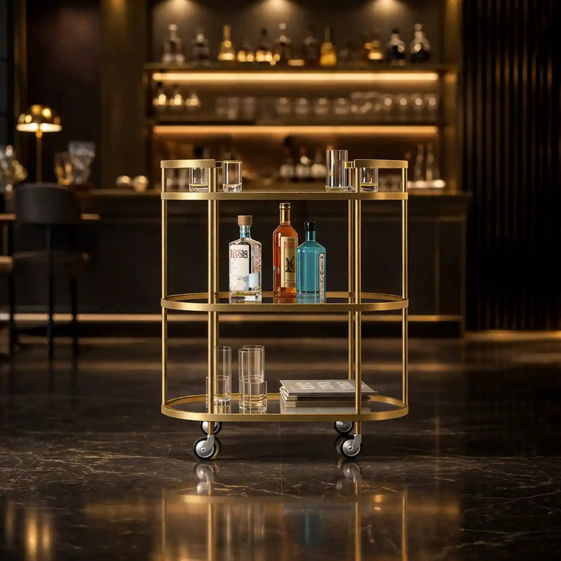 Elegant Modern Bar Cart Trolley with Golden Steel Frame