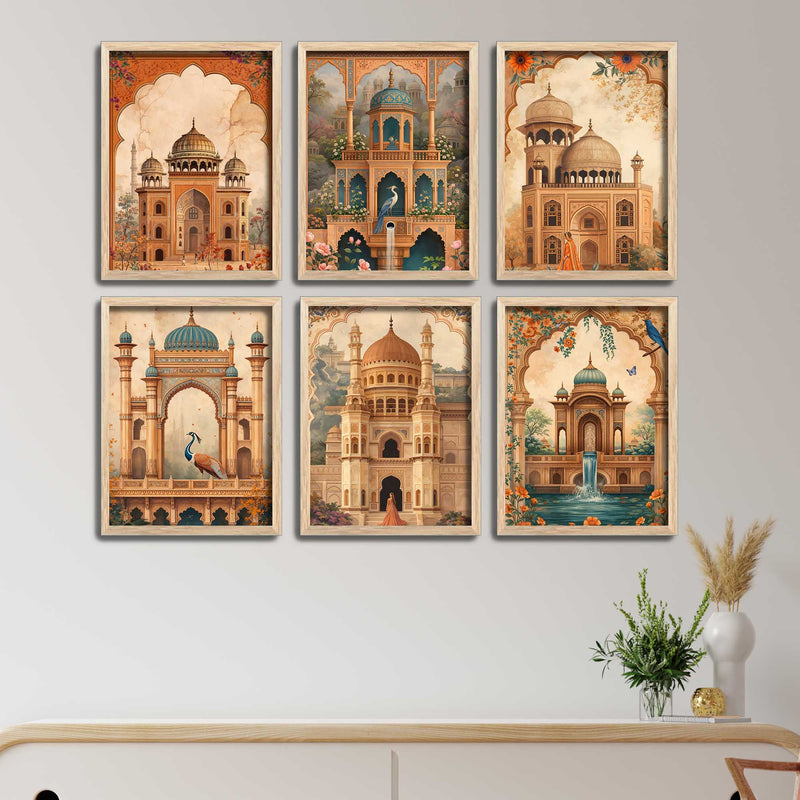 Elegant Mughal Architecture Wall Frame Set of Six