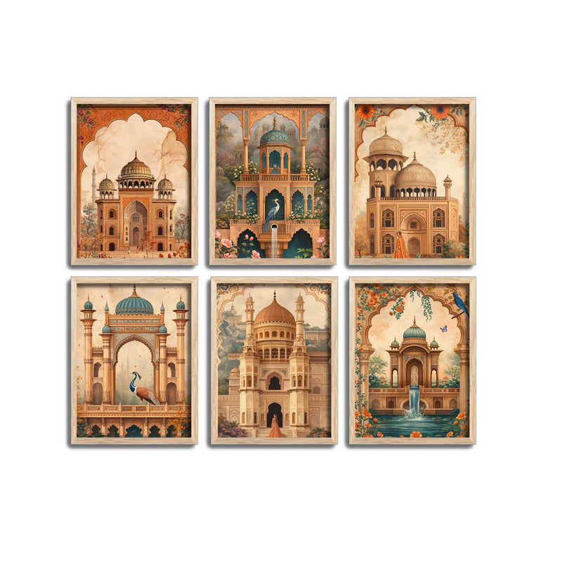 Elegant Mughal Architecture Wall Frame Set of Six